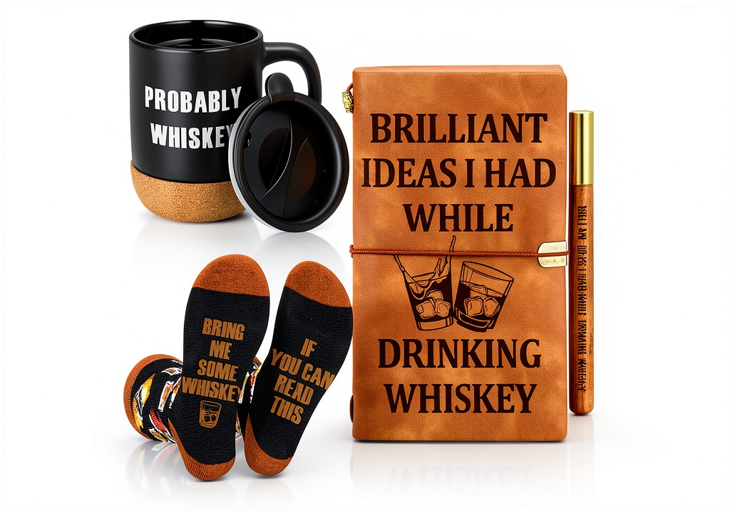 Installing Gueevin Whiskey Gift Set Coffee Mug Journal Socks on a wooden desk