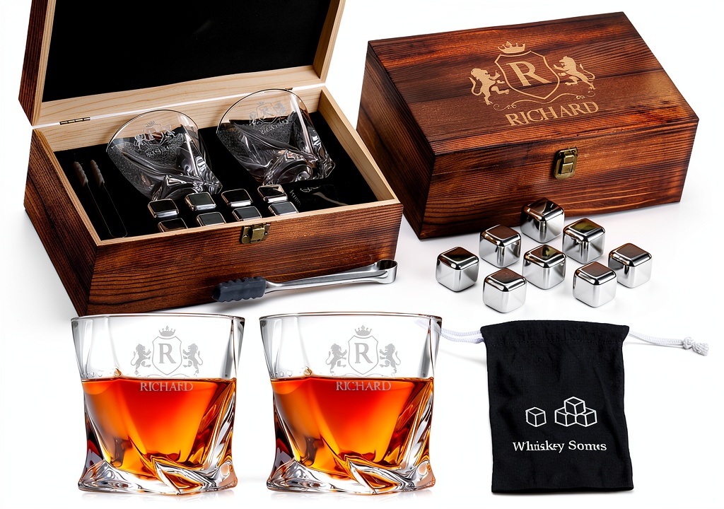 Personalized Whiskey Gift Set Shop4Ever Monogram Glasses displayed on a wooden bar with engraved glasses and stainless steel stones