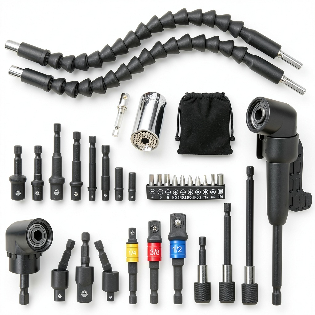 MESUADESI Flexible Drill Bit Extension Set components displayed on a workbench