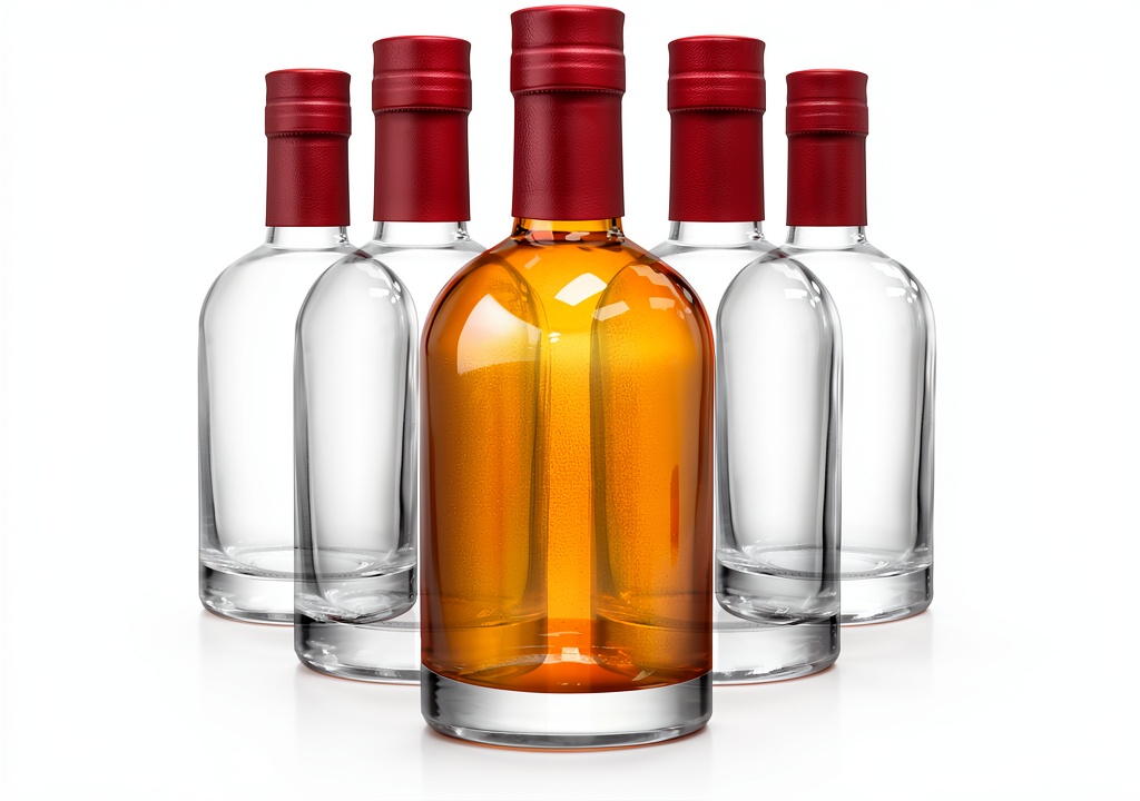 Stock Your Home glass whiskey bottles displayed on a wooden bar cart with gold stoppers and a heat‑shrink cap in focus